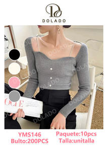 Yms146 Camicetta lavorata a maglia da donna con colletto quadrato, manica lunga, bottoni sul davanti, colore solido, vestibilità elastica, stile minimalista per tutti i giorni - Product Image 3