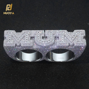 NUOYA 925 Серебряное персонализированное индивидуальное письмо двойное кольцо на палец со льдом VVS Moissanite Роскошные ювелирные украшения в стиле хип-хоп - Product Image 1
