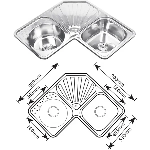 Fregadero de esquina de cocina de acero inoxidable, 90x90x21cm