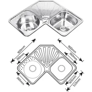 Évier d'angle de cuisine <span class=keywords><strong>en</strong></span> acier inoxydable 90x90x21cm - Product Image 1