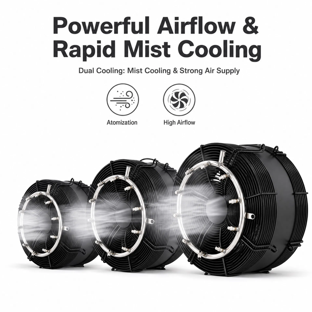 Industrial Misting Fan High Airflow Outdoor Spray Cooling Fan 135~240W External Rotor Motor Water Mist Ventilator