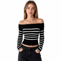 Haut en tricot pour femme avec logo personnalisé, manches longues, épaules dénudées, rayé, mode hiver, mélange viscose et polyester, usine OEM & ODM