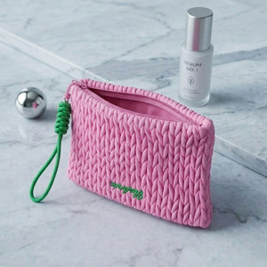 Pink Quilted Puffy Makeup Bag Green <b>Rope</b> Wristlet Clutch Travel Toiletry Pouch Aesthetic Cosmetic Organizer Case For Women - Product Image 1