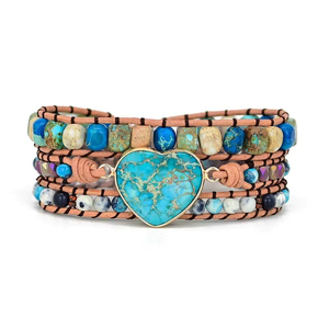 Braccialetti avvolgenti in pelle di lusso Bling Blue Heart Opal <span class=keywords><strong>Jaspers</strong></span> 3 fili braccialetto dichiarazione gioielli bohémien fatti a mano Bijoux - Product Image 1