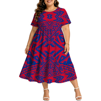 Gaun Midi Ruffle Bertingkat Motif Tato Tribal Frangipani Putih Biru Emas untuk Wanita, Lengan Pendek, Model Flowy, Cocok untuk Liburan di Pulau Pasifik dan Sehari-hari