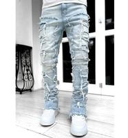 Jeans déchirés empilés pour hommes, streetwear, pantalon en denim de coton, coupe droite, avec patchs à franges et délavage vieilli
