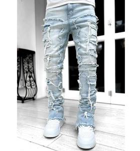 Vaqueros de hombre rasgados y apilados, estilo urbano, de algodón, con parches de borlas, lavado desgastado, corte recto - Product Image 6