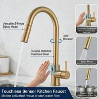 Robinet de cuisine intelligent à détecteur de mouvement sans contact, en acier inoxydable 304, finition or brossé, douchette extractible 2 fonctions, pour hôtel et salle de bain