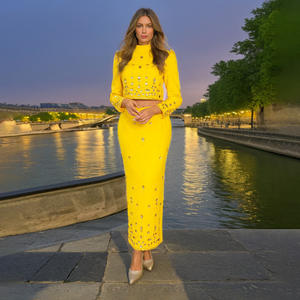 Elegante Conjunto de Dos Piezas con Diamantes para Mujer, Cuello Alto, Manga Larga, Falda de Cintura Alta en Línea <span class=keywords><strong>A</strong></span> - Product Image 1