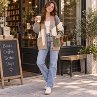 Cardigan en tricot surdimensionné à col en V pour femme, avec blocs de couleur et poches, personnalisable en gros, OEM ODM, faible MOQ