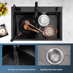 Évier de cuisine en acier inoxydable poli nano-noir, style chinois moderne, grand bac unique avec vidange, pour approvisionnement direct transfrontalier - Product Image 3