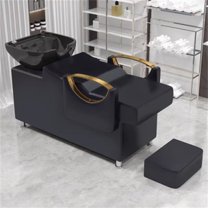 Ensemble de fauteuil de barbier moderne et station de lavage pour salon, en cuir noir, hydraulique et inclinable, pour le lavage des cheveux en salon de coiffure - Product Image 6