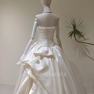 LY138 Modern <b>Boho</b> Boat Neck Ivory Satin Lace Embroidery Flowers Crystal Chapel Train Long Ball Gown Women's <b>Wedding</b> <b>Dress</b> <b>for</b> - Product Image 4