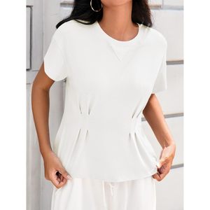 Hauts à volants pour femmes, manches courtes, col rond, chemisier plissé, décontracté, blanc, été - Product Image 3
