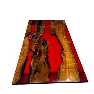Table rectangulaire en résine époxy rouge avec plateau en bois d'acacia massif et structure robuste, mobilier de salle à manger moderne de luxe personnalisé et écologique - Product Image 3