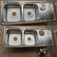 Évier double en acier inoxydable 1200x500mm avec égouttoir intégré et poubelle/bac à déchets