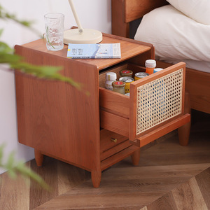 North American Cherry Wood Nightstand With Rattan <b>Drawer</b> Modern Minimalist Bedroom Furniture Eco Friendly Solid Wood Storage - Product Image 1