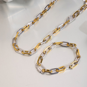 Stainless Steel Two Tone Chain Necklace And <b>Bracelet</b> <b>Set</b> Unisex Fashion Jewelry Gift Geometric Design - Product Image 2