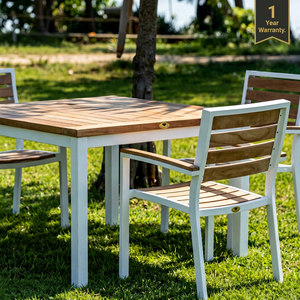 Outdoor Teak Garden <b>Chair</b> Set <b>White</b> Frame Contemporary Design Durable Aluminum Tapered Legs Laser Printed - Product Image 3