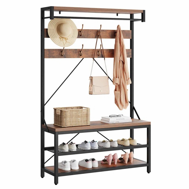 Luxury Entrance Door Corner Metal Adjustable Standing Shoe Coat Stand Wooden Wall Hooks Clothes Hanger Hat Coat Rack With Shelf