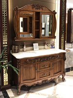 Meuble de salle de bain en chêne rouge de luxe léger, en bois massif, style européen antique, avec double vasque et miroir inclus