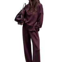 Offre Spéciale femmes sweats à capuche survêtement couleur unie col rond surdimensionné sweat large jambe pantalon ensemble décontracté sweat 2 pièces ensemble