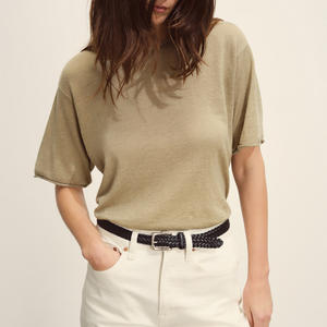 Jersey de punto personalizado, Camiseta de punto básica relajada blanca, camiseta de verano ligera de manga corta de gran tamaño de lino 100% para <span class=keywords><strong>mujer</strong></span> - Product Image 2