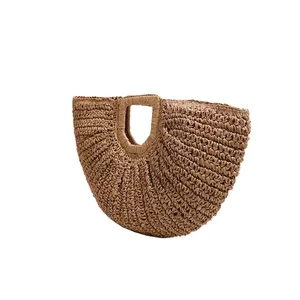 Crochet handmade summer women handbags half moon shape woven bags luxury designer bag wooden handle paper straw bag