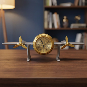 Escultura de Reloj de Avión de Metal Industrial, Decoración de Escritorio con Hélice Dorada y Números Romanos para Oficina - Product Image 6
