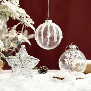 Vente en gros 10cm verre clair impression boules de Noël et étoile homme de Noël et bonhomme de neige décoration d'arbre de Noël boules pendentif