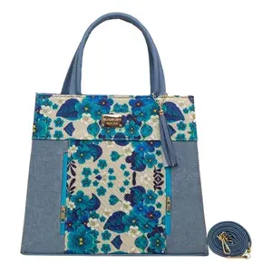 Bolsa de compras de yute azul Emiliana para mujer, con cierre de broche grande, bolsa de mano para adultos - Product Image 3
