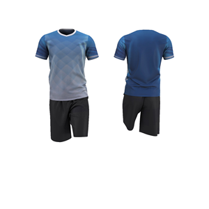 Ensemble Maillot de Foot Sublimé Géométrique Bleu et Short Noir pour Homme, Col en V, Séchage Rapide, Uniforme de Football, Vente en Gros - Product Image 1