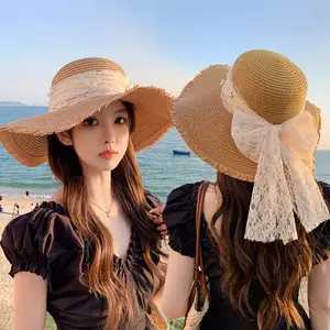 Outdoor Women Summer Breathable Silk Ribbon Bowknot Sun Straw Large Braid Floppy Fedora Beach Cap Straw Hats