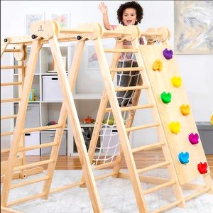 Patio de recreo de madera para interiores de doble cara Montessori Climbing Rock/Net y Pickler Triangle Toys para niños pequeños y escuelas - Product Image 3