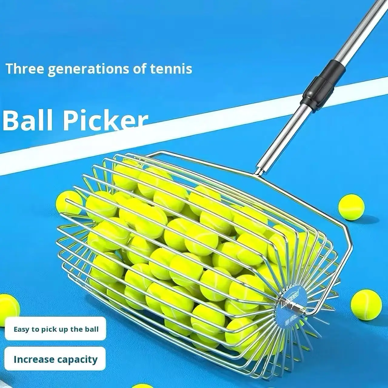 Portable Lightweight Stainless Steel Tennis Ball Pickleball Picker With Adjustable Roller Retriever Ball Picking Equipment