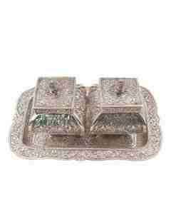 Juego de Caja de Pooja de Plata Pura 925 con Bandeja, Contenedor de Kumkum Chawal de Plata India Hecho a Mano para Rituales de Templo y Regalos - Product Image 1