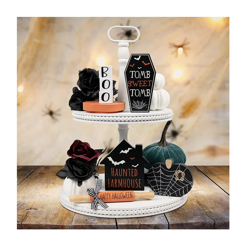 Wood Wooden Halloween Christmas Fall Two Decorative Tiered Tray Home Decor Set