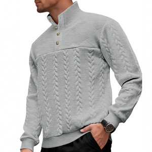 Pull en tricot ample pour homme avec col montant et fermeture boutonnée, motif torsadé, manches longues, décontracté, pour l'extérieur - Product Image 1