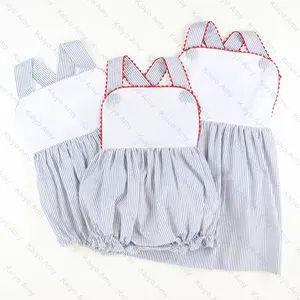 Monogrammed seersucker navy stripe baby bubble romper set sibling matching kids dresses for girls