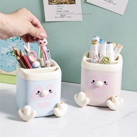 Porte-stylo rond en plastique bleu avec dessin de pingouin créatif, taille-crayon, rangement multifonctionnel pour bureau et école, fournitures de papeterie