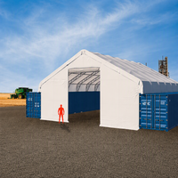 Tente conteneur industrielle 12x12m à double poutre et toit en pente, bâtiment de stockage préfabriqué en tissu, avec mur arrière et porte enroulable, pour garage automobile