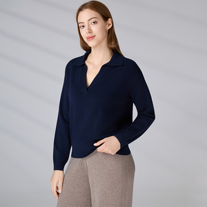 OEM ODM GOTS RWS Women Navy Blue <b>Polo</b> Collar V <b>Neck</b> Knitted Sweater Long Sleeve Merino Wool Casual Office Knit Pullover Top - Product Image 3