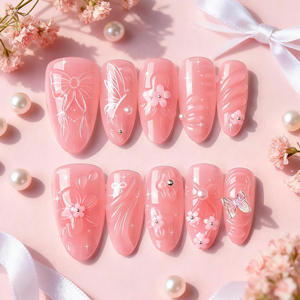 <span class=keywords><strong>Uñas</strong></span> Postizas Acrílicas <span class=keywords><strong>Cortas</strong></span> en Forma de Almendra <span class=keywords><strong>con</strong></span> Lazo Rosa Dulce, Hechas a Mano, para Fiestas y Bodas, Venta al Por Mayor Personalizada - Product Image 2