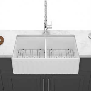 Fregadero Doble de Cerámica Blanca para Cocina Estilo Farmhouse, 33 Pulgadas, Instalación en Encimera, Acabado Mate - Product Image 1