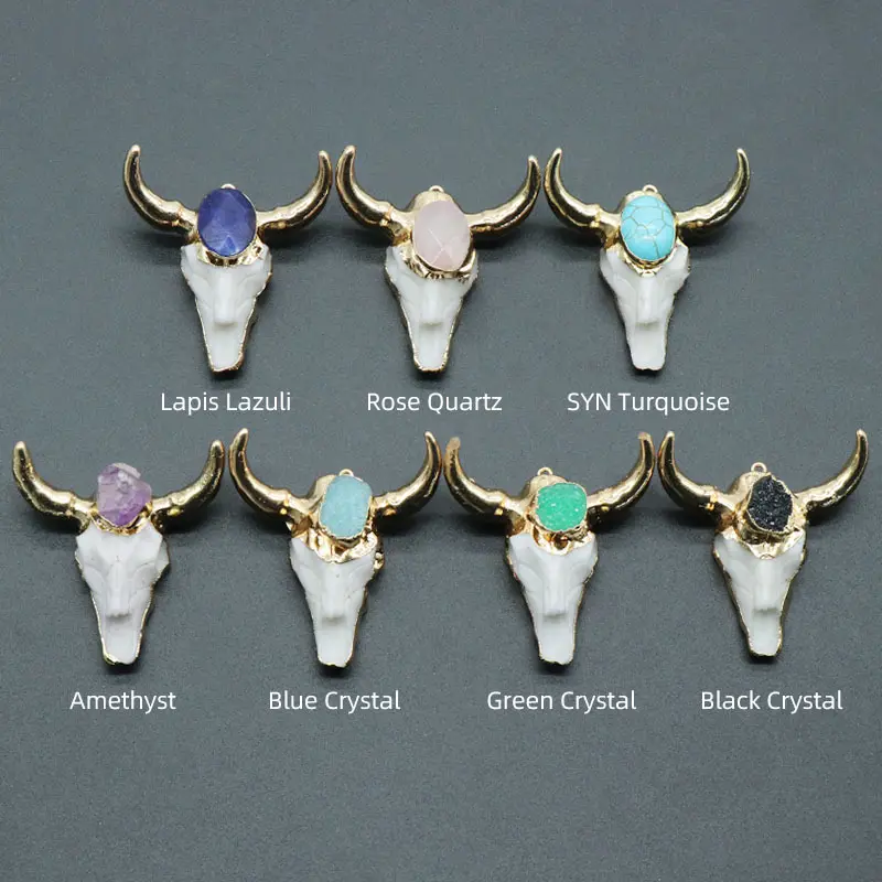 Energy Natural Crystal Semi-precious Stone Animal Ox Horn Pendant Gold Plated Resin Cow Head Necklace Pendant Charms Men Women