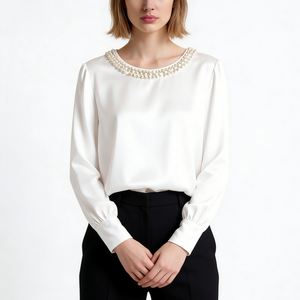 Women's Pearl Beaded Neck Satin Blouse - Long Sleeve Crew Neck Casual <b>Top</b> Shirt Fashion - Product Image 4