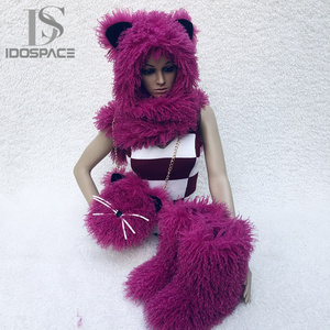 Femmes Hiver Mode Mongolie Bottes <span class=keywords><strong>de</strong></span> neige en fourrure <span class=keywords><strong>de</strong></span> mouton Faux Fur Purse Bags Fur Cap Hats Plush Warm Fluffy Hairband <span class=keywords><strong>Ski</strong></span> Hats Sets - Product Image 1
