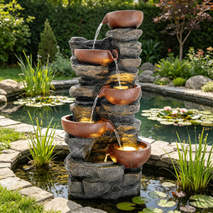 Fuente de Agua en Cascada con Cinco Cuencos de Cobre y Piedra de Pizarra Apilada para Jardín y Césped, Decoración al por Mayor - Product Image 2