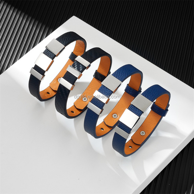 Simple Genuine Men's Watch Straps Style Leather Bracelet Adjustable Stainless Steel Multiple Charms Leather Cuff Bracelet