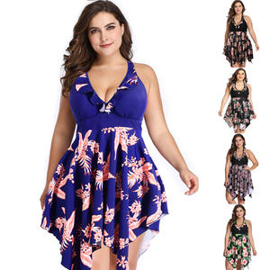 Traje de baño de talla grande para mujer, conjunto de dos piezas con cuello halter y corte en A, cintura elástica, estampado floral, vestido de playa, traje de baño de talla grande - Product Image 1